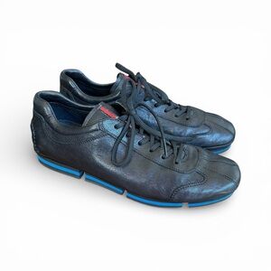 Prada Linea Rossa Black Leather Sneakers Blue Rubber Sole Size Men’s 9.5